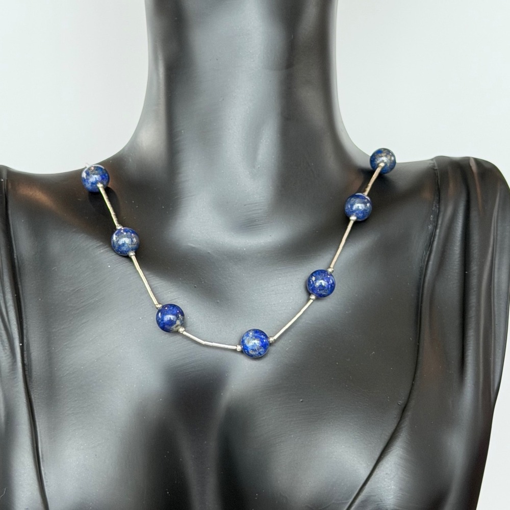 Lapis Lazuli Sterling Silver 925 Liquid Silver Bar Bead Necklace Blue 20 Inch